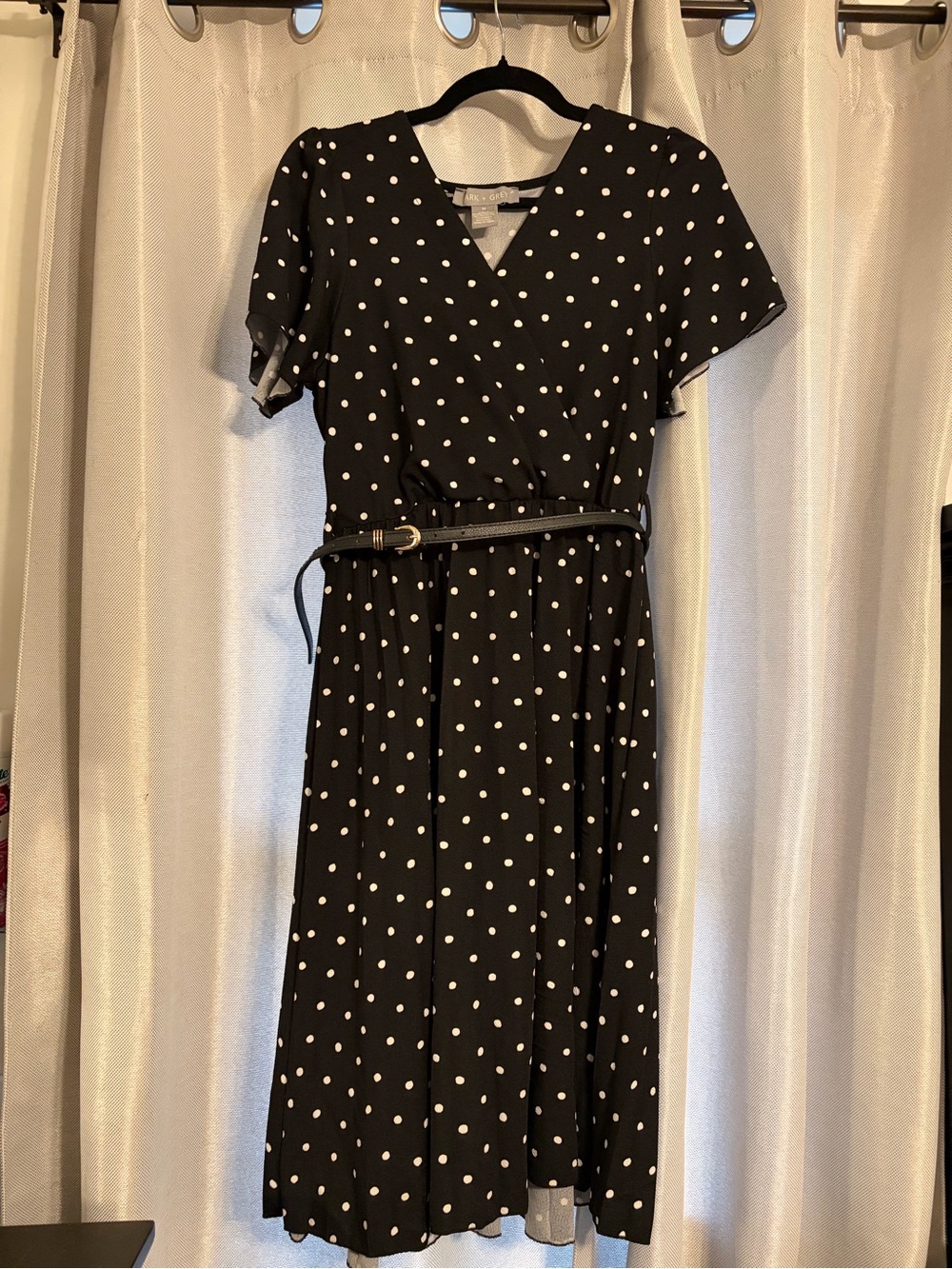 Classic Black Polka Dot Midi Dress with Belt